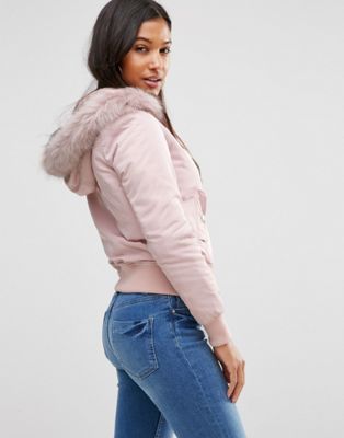 pink faux fur hooded bomber