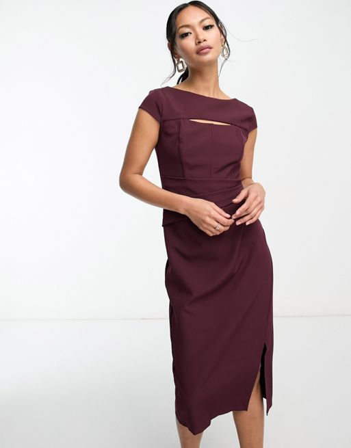 Lipsy – Bordowa sukienka midi z wycięciem | ASOS