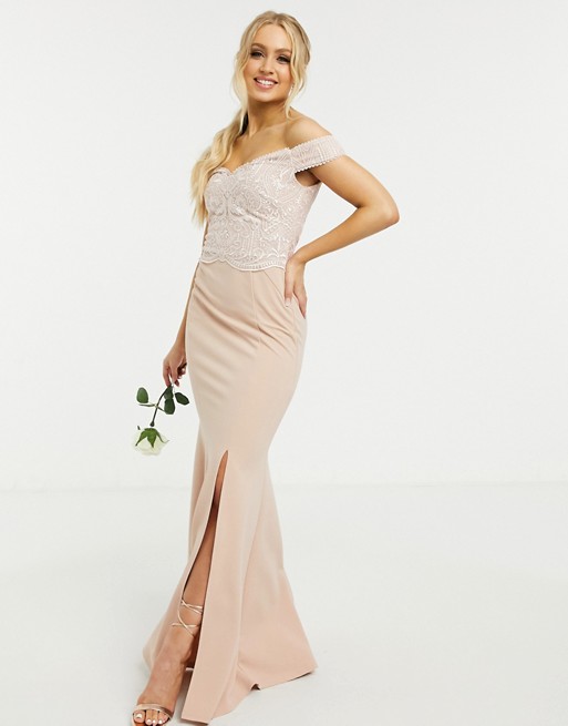 Lipsy Bridesmaid bardot maxi dress with spli in light pink