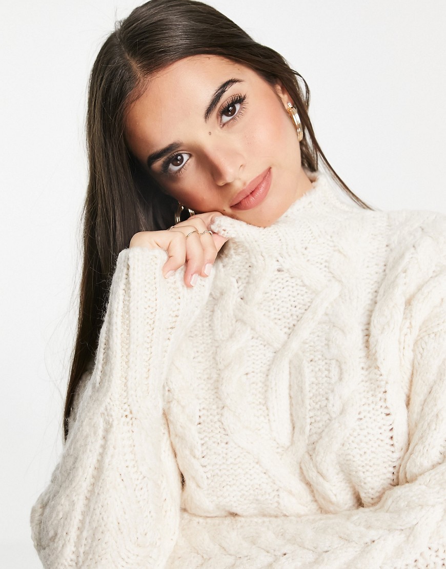 Lipsy cable knit high neck sweater in beige-Neutral
