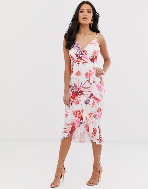Lipsy cami midi dress with waterfall frill detail in floral print