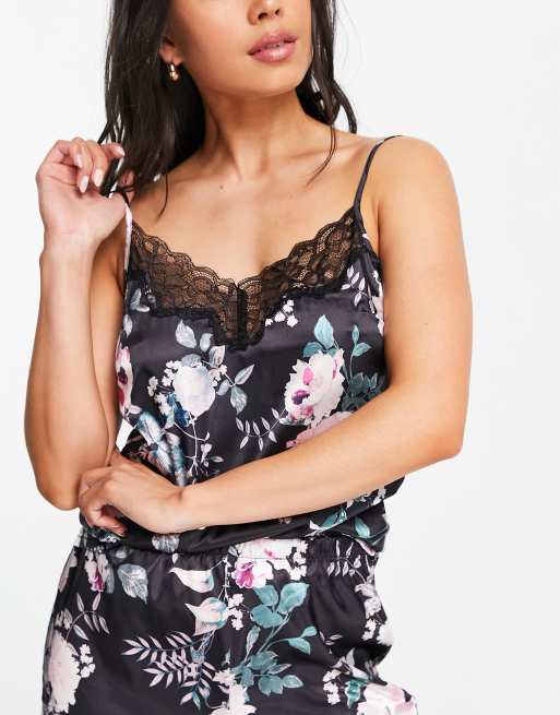 Lipsy cami & pants satin pajama set in black floral print