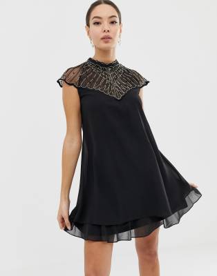 black embellished swing dress