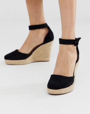 black closed toe wedges with ankle strap