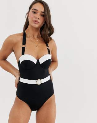 black and white striped one piece swimsuit