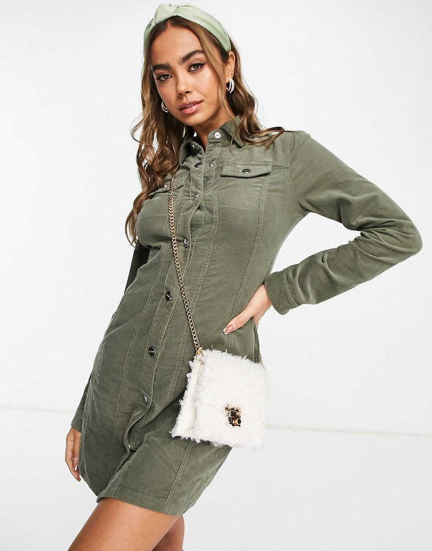 cord shirt dress in olive-Green