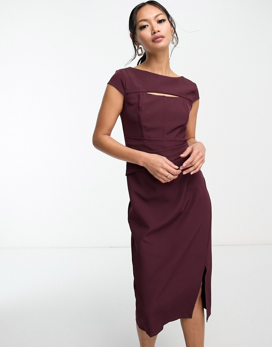 corsetted cut out midi dress in burgundy-Red