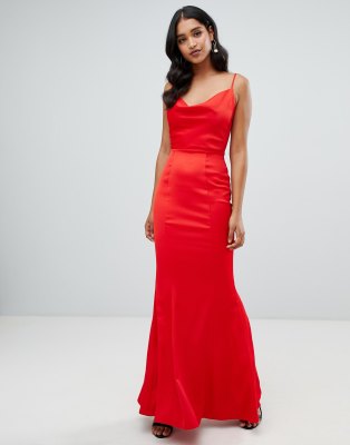 cowl neck red satin dress