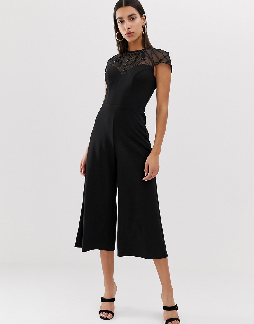 Lipsy culotte jumpsuit with embellished yoke in black