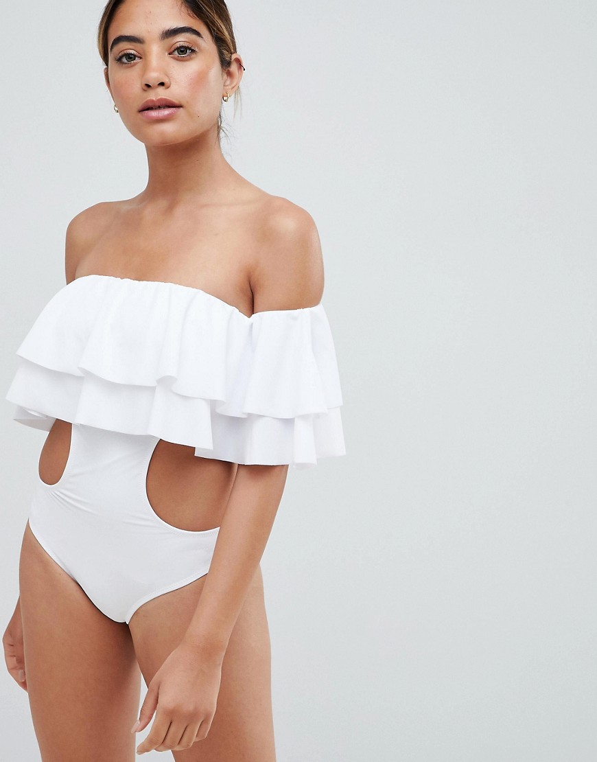 Lipsy Cut Out Swimsuit With Ruffles-White