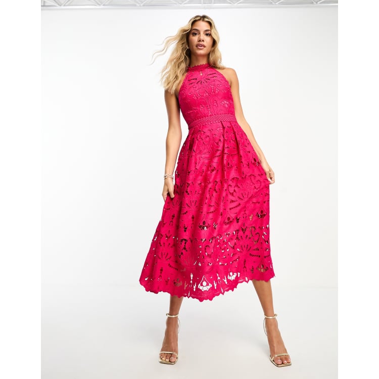 Lipsy cutwork lace high neck midi dress in pink