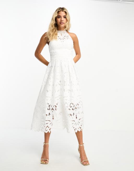 Lipsy cutwork lace high neck midi dress in white