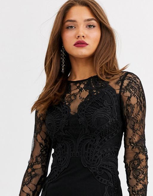 Lipsy – Czarna sukienka maxi z koronkową wstawką u góry | ASOS
