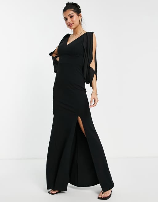 Lipsy – Czarna sukienka maxi z odkrytymi plecami z łańcuszkiem i rozszerzanymi rękawami