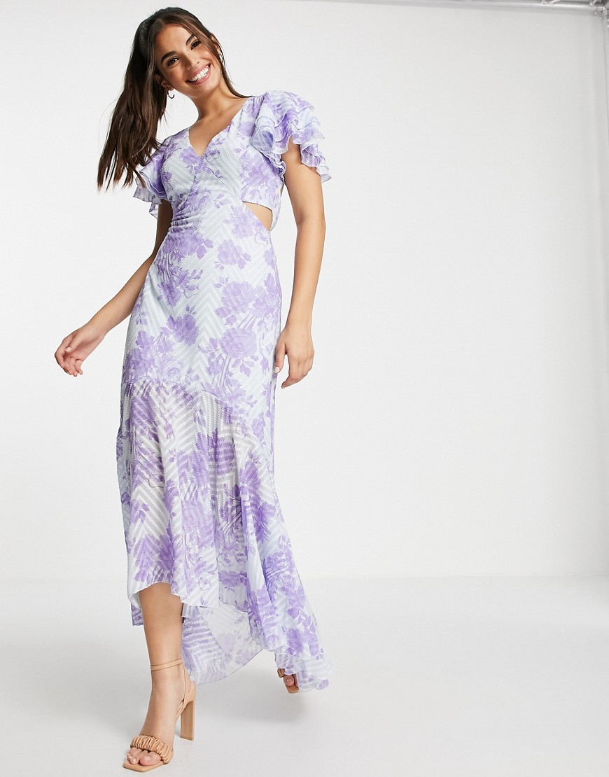 Lipsy - Diepuitgesneden lange jurk met uitsnijding en bloemenprint in paars-Veelkleurig
