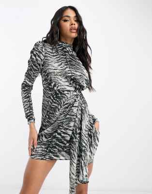 Lipsy Drape Mini Dress In Mono Animal-multi