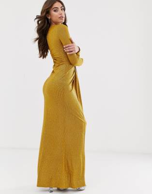 Lipsy Drape Plunge Front Metallic Maxi Dress In Gold Asos