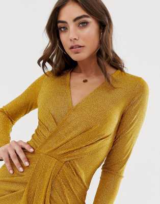 Lipsy Drape Plunge Front Metallic Maxi Dress In Gold Asos