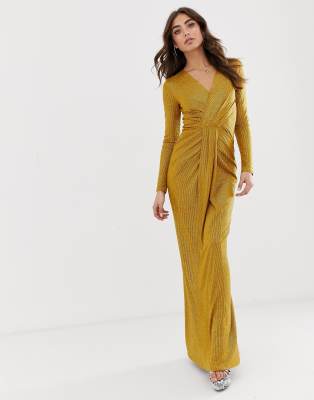 Lipsy Drape Plunge Front Metallic Maxi Dress In Gold Asos
