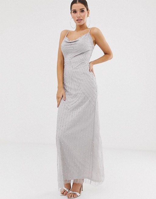 Lipsy embellished cowl front maxi dress in silver