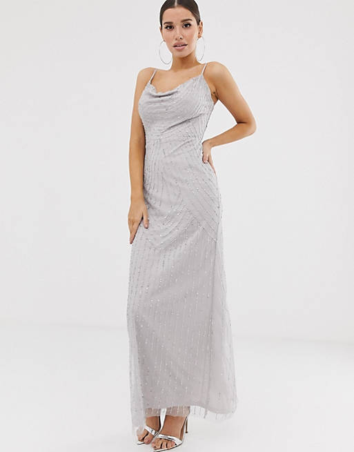 Lipsy embellished cowl front maxi dress in silver | ASOS