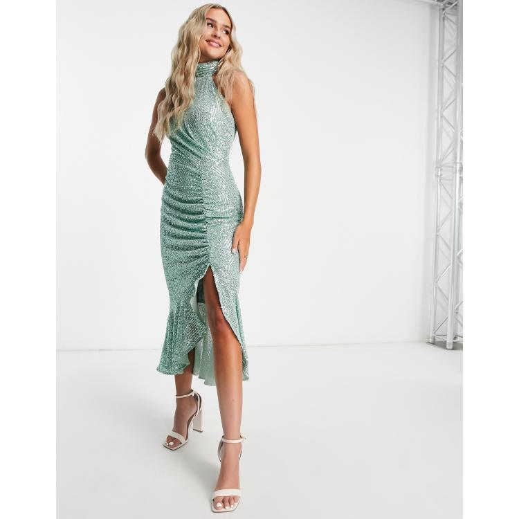 Lipsy embellished halterneck midi dress in green