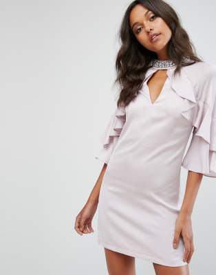 Lipsy Embellished Ruffle Satin Shift Dress-Pink