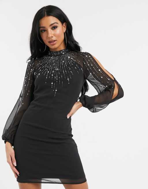 Lipsy embellished shift dress in black