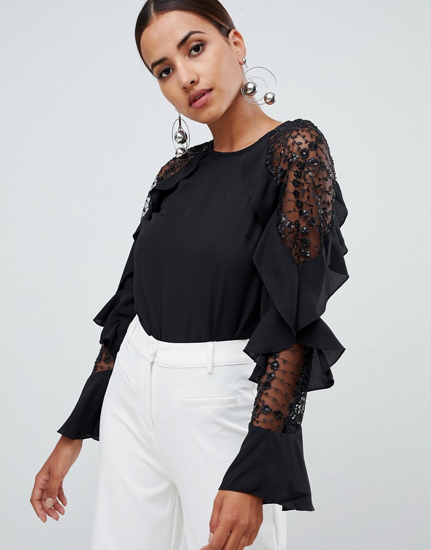 Lipsy embroidered sequin sleeve top-Black