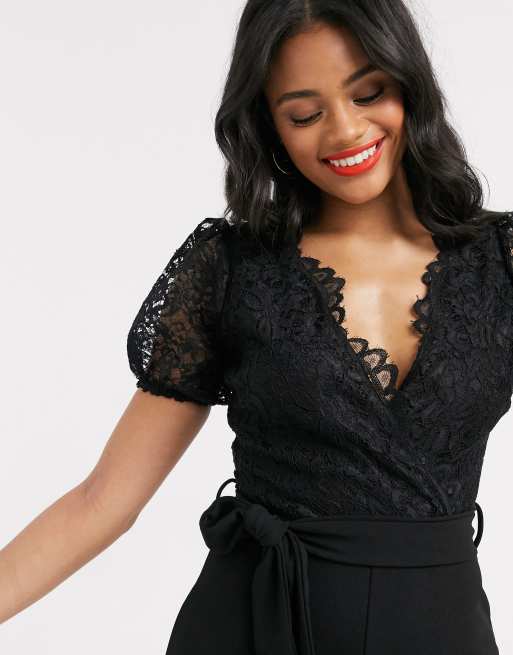 Lipsy lace shoulder wrap front top in black