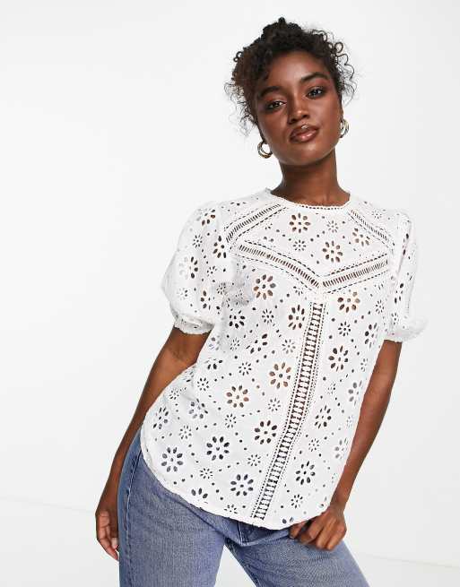 French Style Lace Eyelet White Blouse Women Lace Blouse French Cotton White  Shirt Half Sleeve Cotton Lace Blouse -  Canada