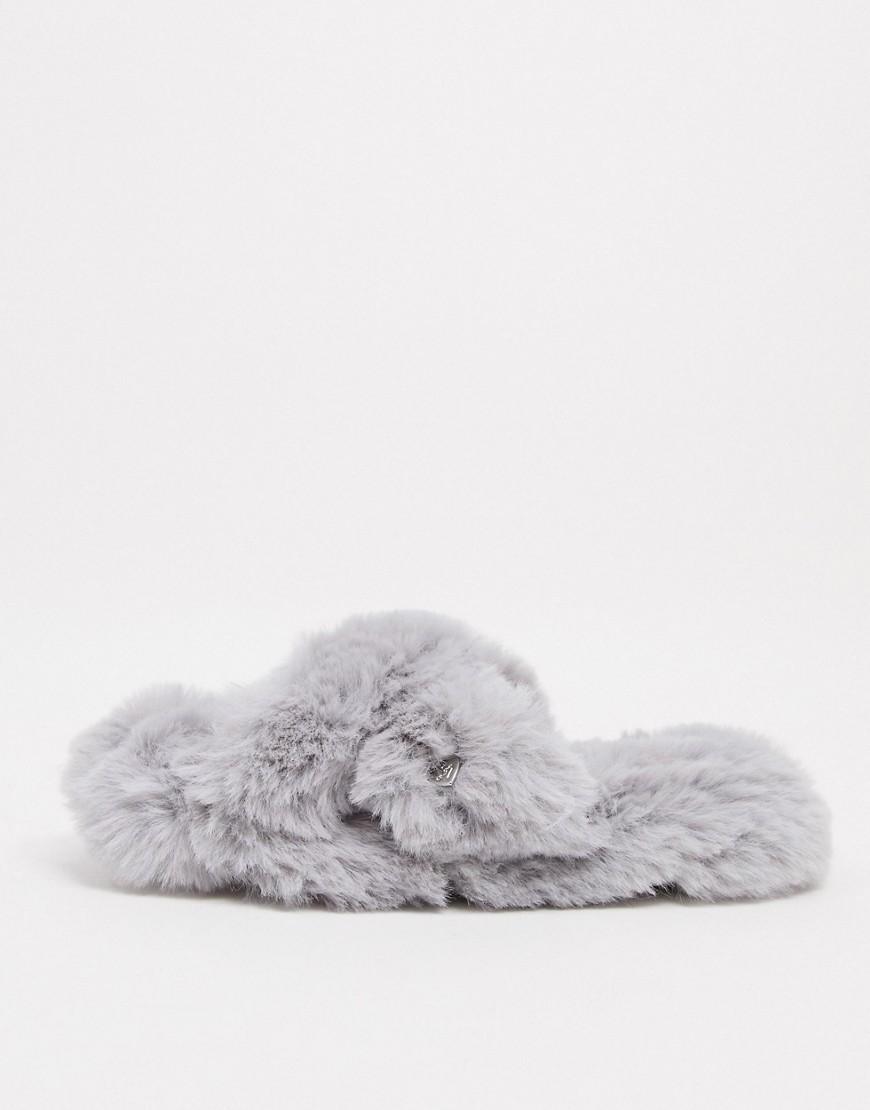 Lipsy faux fur cross detail slipper in gray-Grey