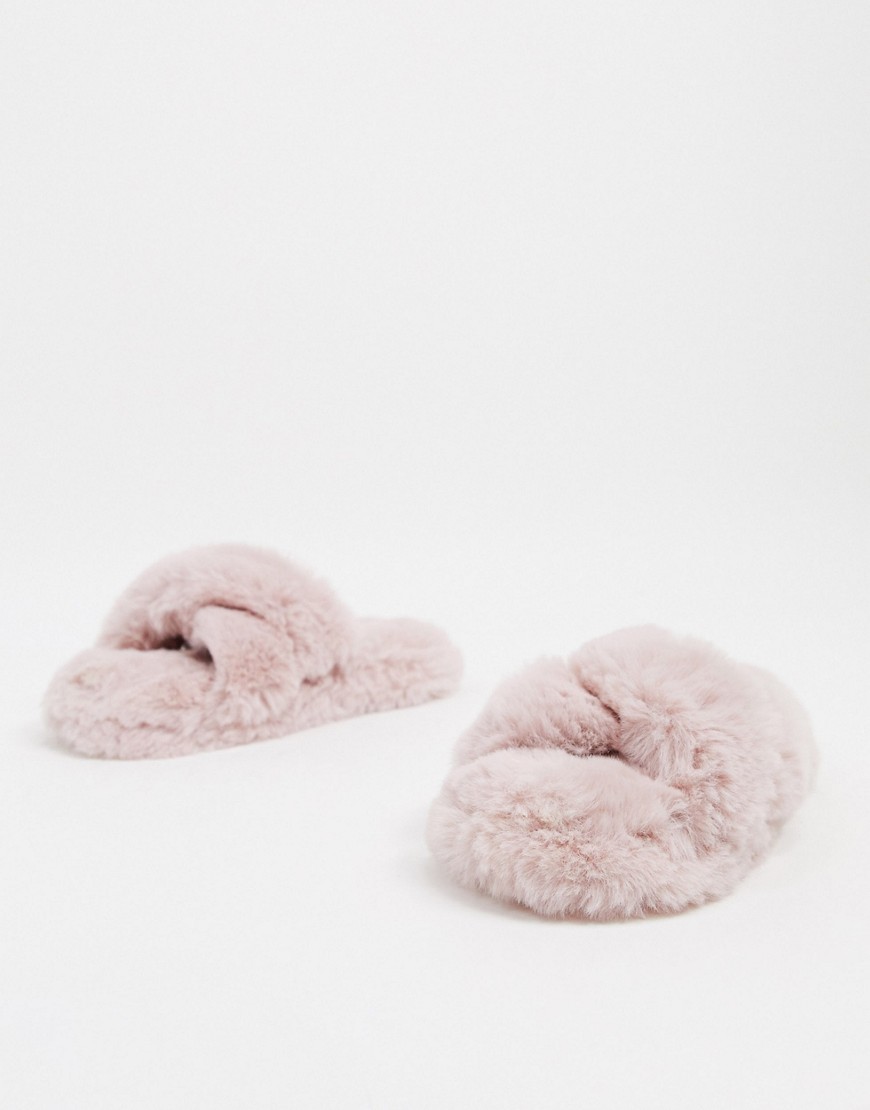 Lipsy faux fur cross detail slippers in pink