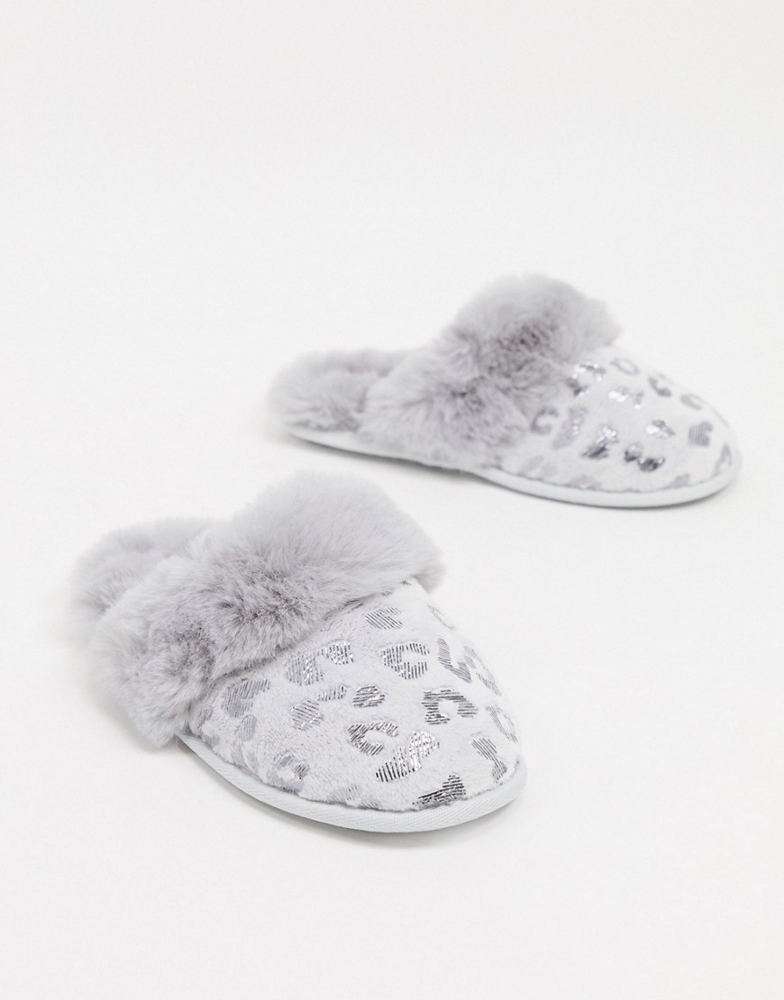 Lipsy faux fur quilted detail slipper in gray leopard-Grey