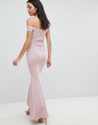 lipsy sequin top bardot fishtail maxi dress