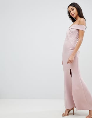 lipsy sequin top bardot fishtail maxi dress