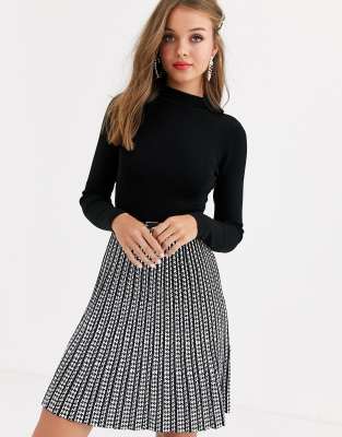 lipsy 2 in 1 dress with checked skirt in mono