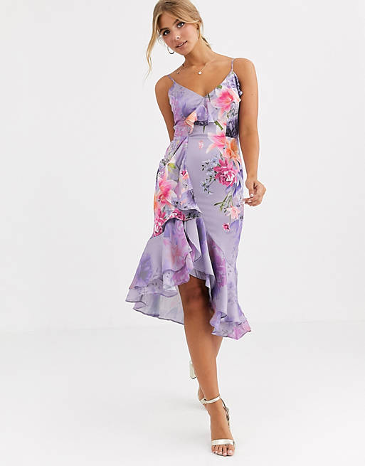 Lipsy fit and flare midi dress in purple floral print | ASOS