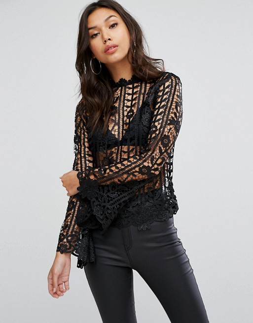 Lipsy | Lipsy Flare Sleeve Allover Lace Blouse With High Neck