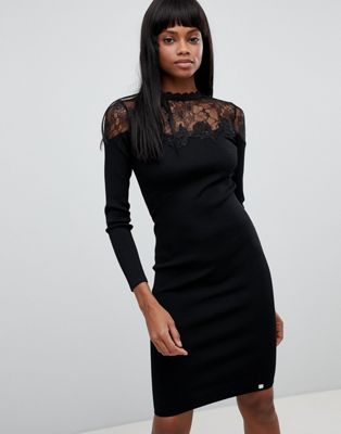 Lipsy - Gebreide midi-jurk met kanten detail en lange mouwen-Zwart