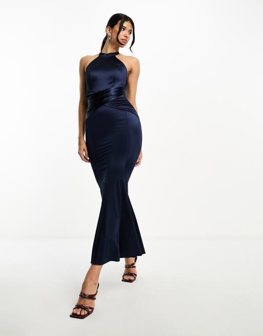 Lipsy – Granatowa satynowa sukienka maxi z dekoltem halter