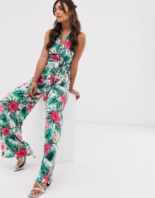 Lipsy halter neck jumpsuit in floral print-Multi