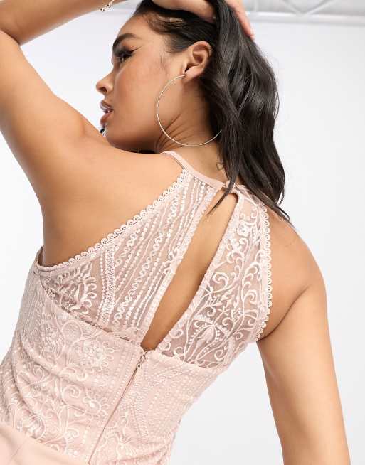 Lipsy halter neck maxi dress with lace detail in light pink