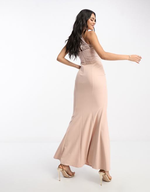 Lipsy halter neck maxi dress with lace detail in light pink