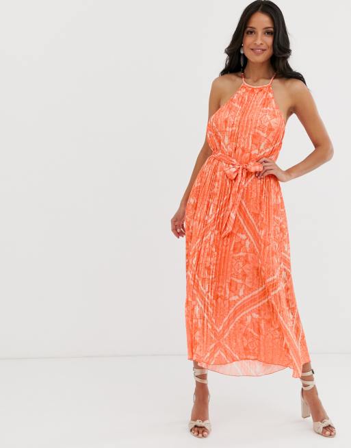 Lipsy Halter Neck Pleated Swing Dress In Orange Multi