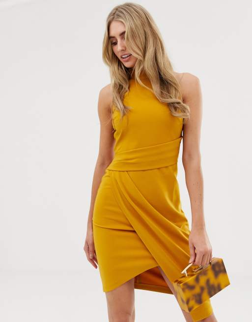 lipsy halterneck bodycon dress in mustard