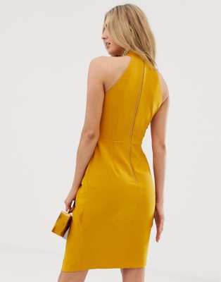 lipsy halterneck bodycon dress in mustard