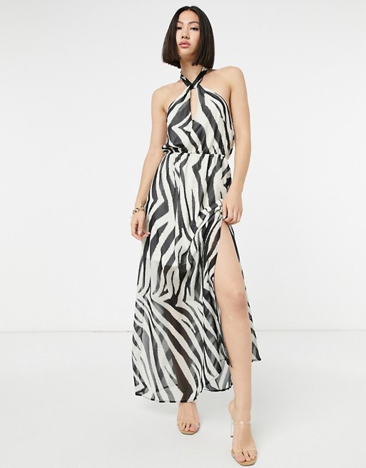 Lipsy halterneck maxi dress in zebra stripe