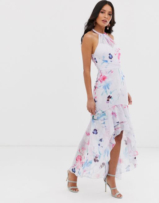 Lipsy halterneck maxi dress with frill in multi floral print | ASOS