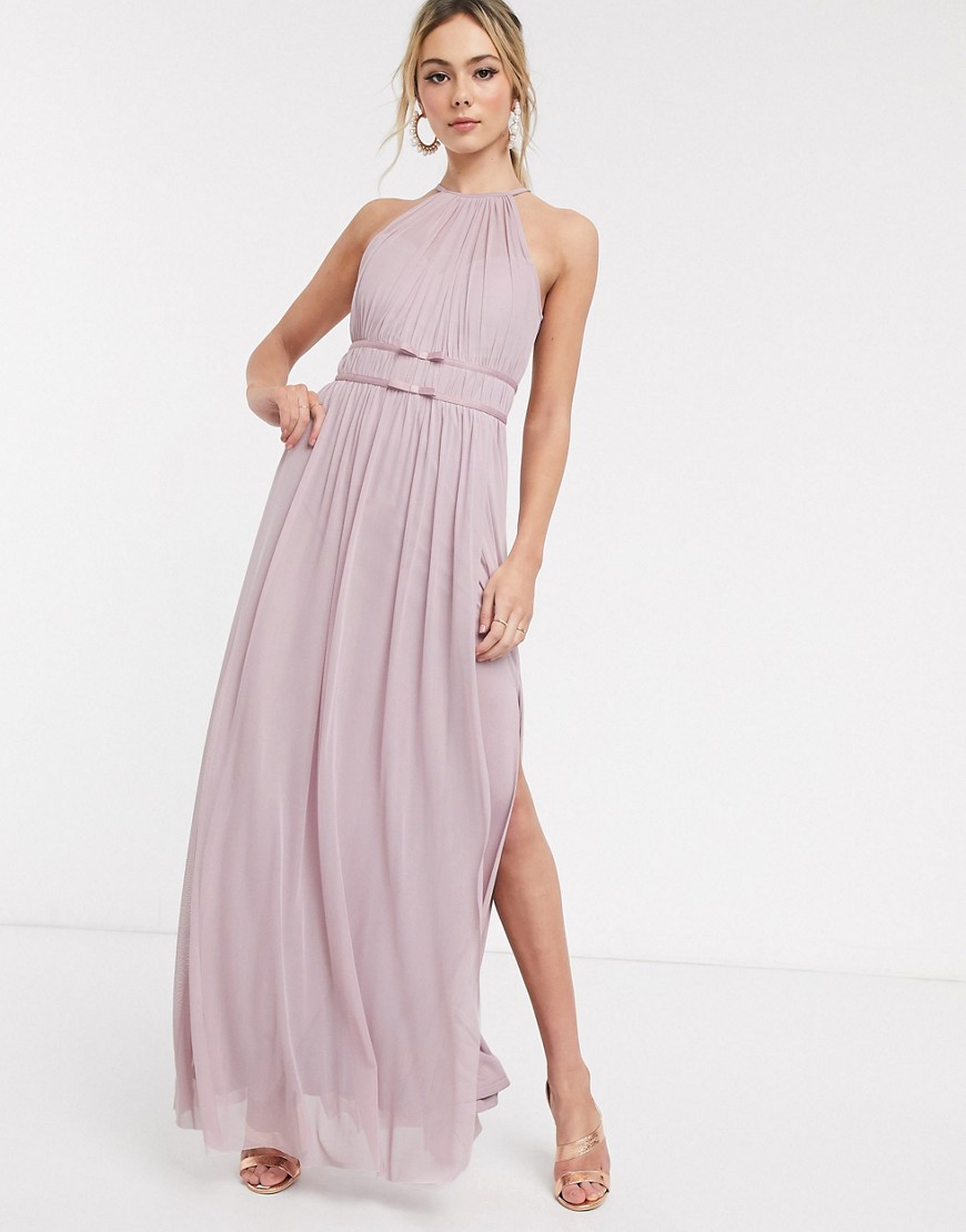 Lipsy halterneck mesh full prom maxi dress in lavender-Purple
